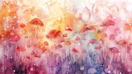A vibrant watercolor painting featuring colorful mushrooms in various shapes and sizes photo