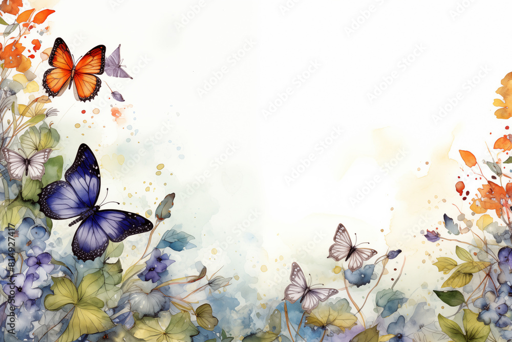 Watercolor floral background with hydrangea and butterflies. Copy space