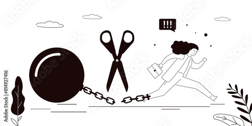 Scissors cut chain on woman legs and free from shackles. Overcoming obstacles, feminine power. Human rights, gender equality. Success in career and business.
