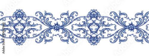 Blue baroque decorative composition, seamless pattern border