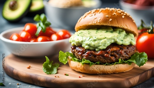 Beef burger with avocado dip and baked tomato 