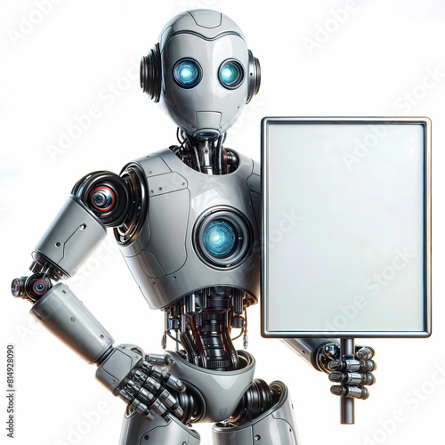 Metallic robot on white background holding a blank sign for presentations © AlexInkfusion