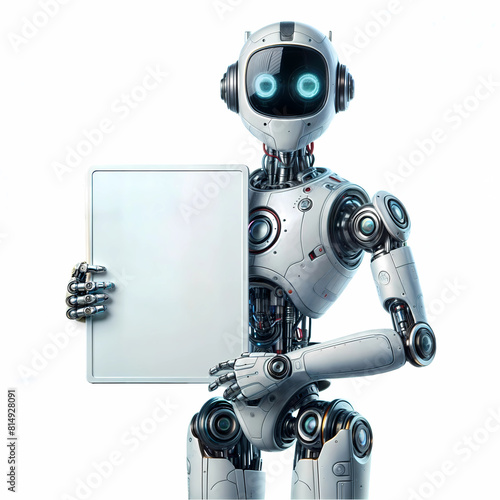 Metallic robot on white background holding a blank sign for presentations © AlexInkfusion