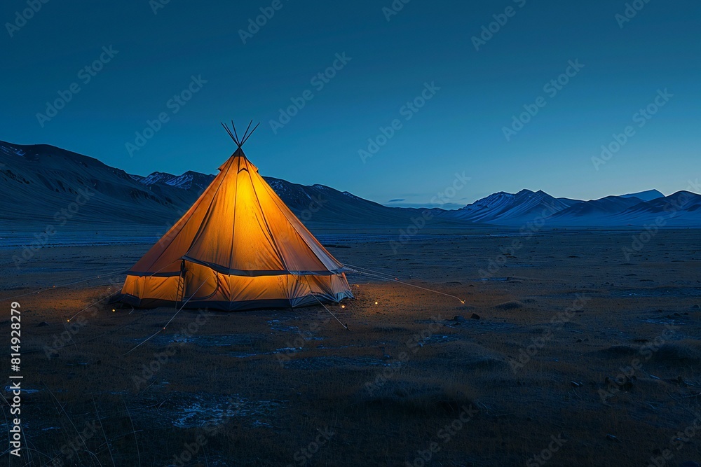 Depicting a  yellow tent lit up in the night at the desert, high quality, high resolution