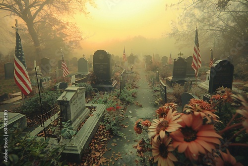 Gravestones at a cemetery in the misty morning, USA photo