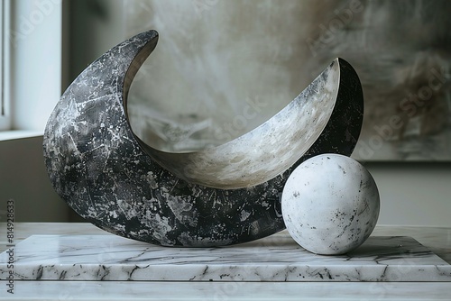 Modern still life with white marble and marble shofar on a marble countertop