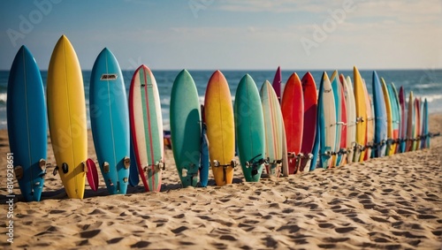 Coastal Charm, Rows of Surfboards on the Beach.