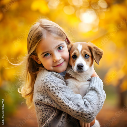 a young girl tenderly hugs a puppy on a blurred a © munawar