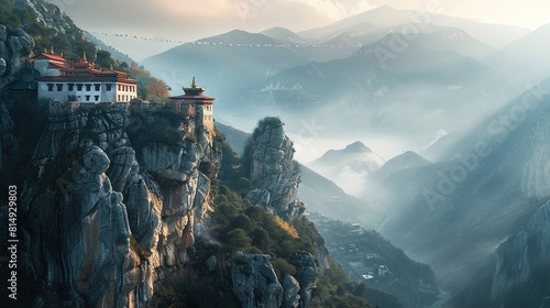 Remote mountain monastery at sunrise photo