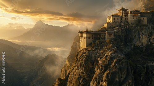Remote mountain monastery at sunrise photo
