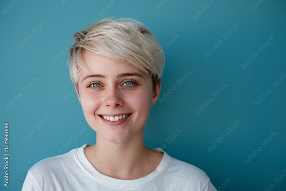 Smiling Blonde Woman in White Shirt, Blue Background. Generative AI. Smiling Blonde Woman in White Shirt, Blue Background. Generative AI.