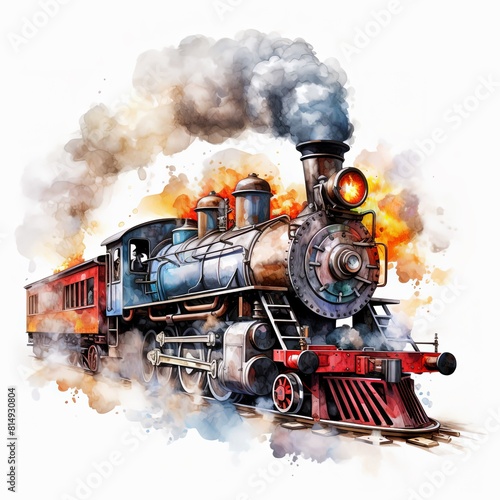 A hyper-realistic watercolor illustration of a classic steam engine train emerging from a tunnel, its smoke billowing into the air in graceful watercolor swirls, symbolizing power and progress.