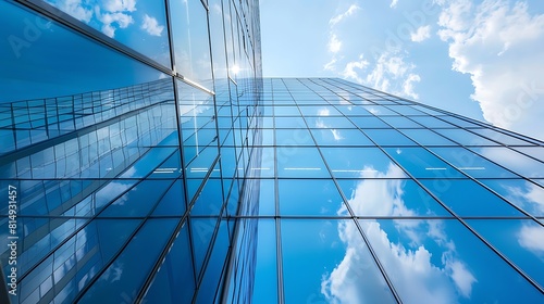Abstract architecture with large glass surfaces reflecting the blue sky 