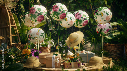 A birthday celebration in a garden setting  featuring floral balloons  natural fiber streamers  straw hats for guests  and eco-friendly gift boxes among greenery and flowers .