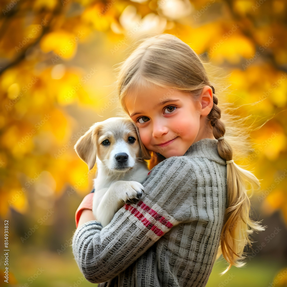 a young girl tenderly hugs a puppy on a blurred a a young girl tenderly hugs a puppy on a blurred a