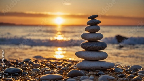 Coastal Zen  Stack of Balanced Stones on Sandy Shoreline  Bathed in the Golden Light of Sunset