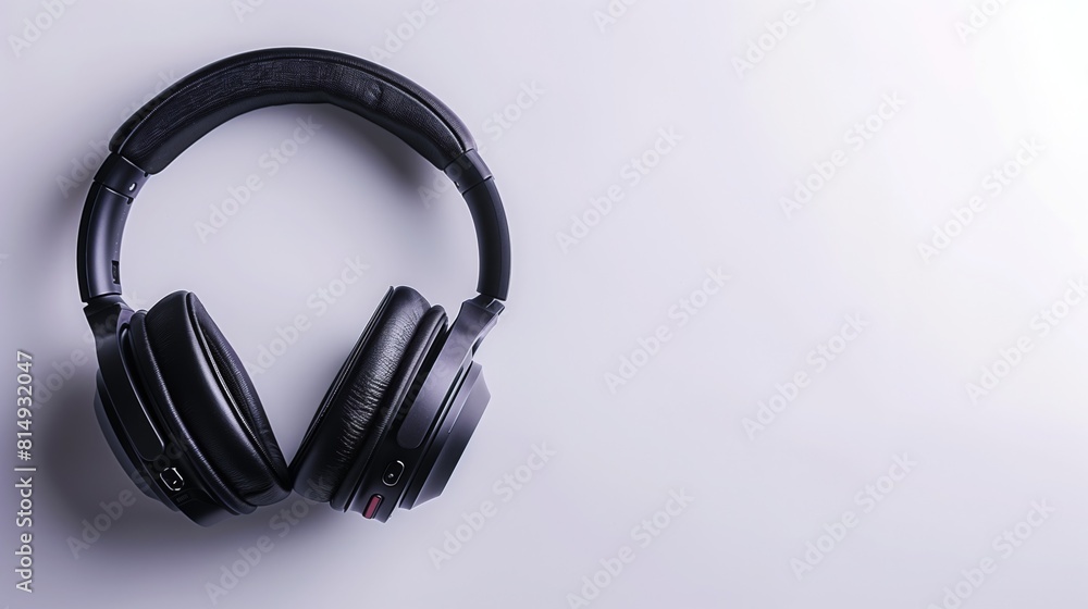 A pair of sophisticated black wireless headphones placed neatly on a white background A pair of sophisticated black wireless headphones placed neatly on a white background