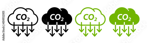 co2 emission reduction cloud vector symbol. low carbon dioxide greenhouse gas sign. zero co2 pollution icon set. co2 neutral symbol. zero carbon footprint icon in black and green colors