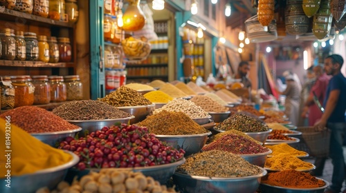 a spice market in Marrakech, vibrant colors and exotic aromas mix, with locals and tourists alike exploring the traditional snacks and ingredients