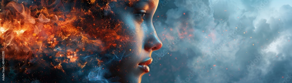 A woman's face is shown with fire and smoke surrounding her A woman's face is shown with fire and smoke surrounding her