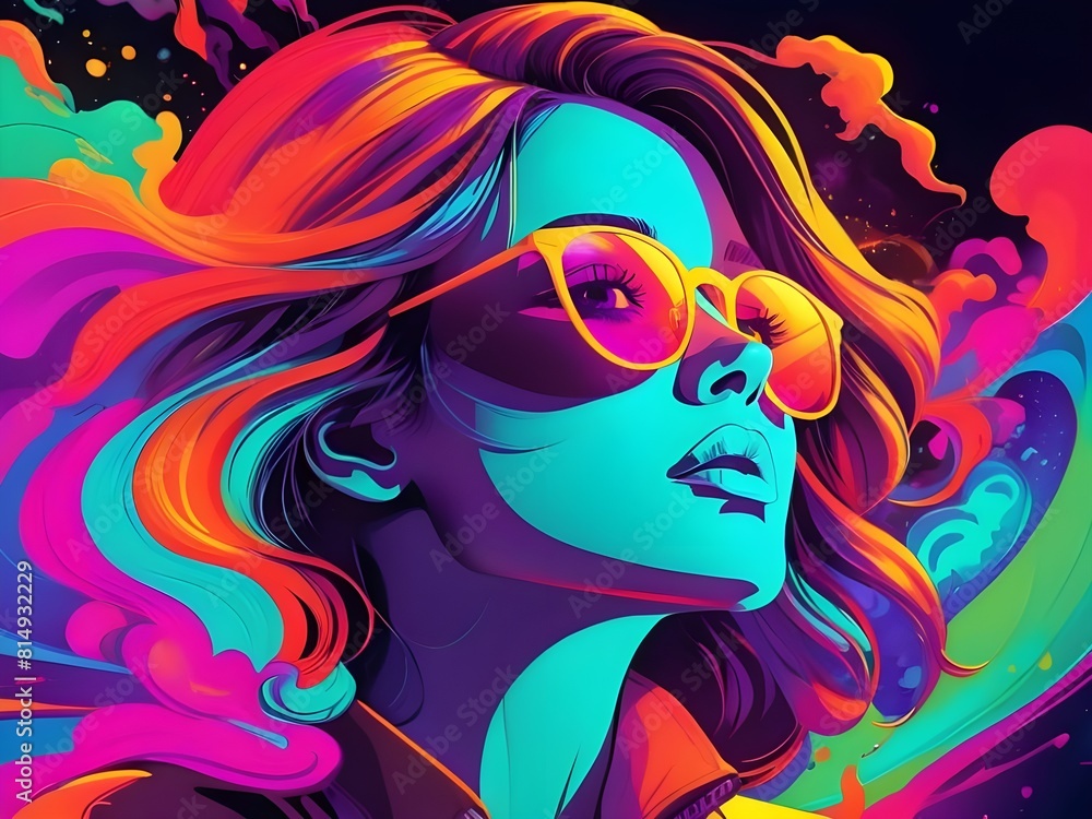 Naklejka premium bold neon colors, cartoon style illustration of a woman as she sees the world while experiencing hallucinations, stoned, splash art, splashed neon colors Generative AI