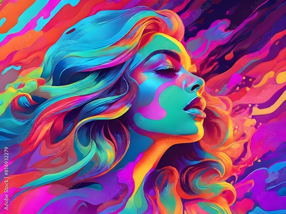 bold neon colors, cartoon style illustration of a woman as she sees the world while experiencing hallucinations, stoned, splash art, splashed neon colors Generative AI bold neon colors, cartoon style illustration of a woman as she sees the world while experiencing hallucinations, stoned, splash art, splashed neon colors Generative AI
