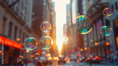 Soap bubbles over Wall Street, side view, symbolic of market volatility, futuristic tone, Analogous Color Scheme © chayantorn