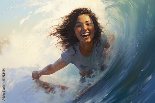 Digital illustration of a woman laughing while surfing a dynamic ocean wave