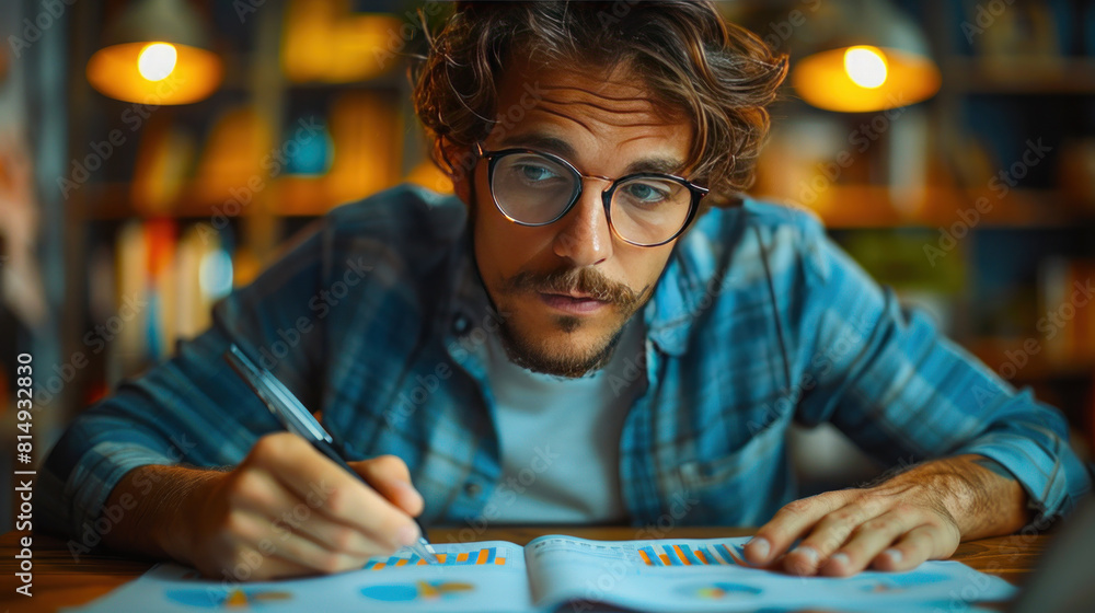 Fototapeta premium A businessman's focus sharpens as he analyzes financial data, drawing insights for business strategy and planning.