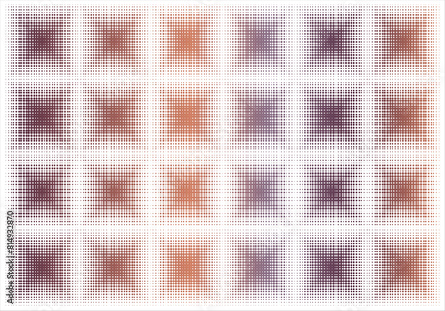 Fondo de puntos y cuadrados pequeños degradado morado y naranja en fondo blanco.