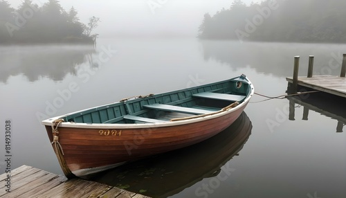 A wooden rowboat tied to a dock on a misty morning upscaled_2