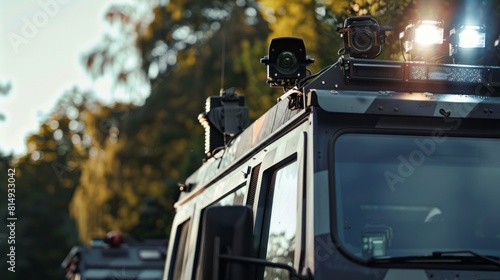 Mobile CCTV camera mounted on a vehicle, capturing live footage during law enforcement operations or event security 