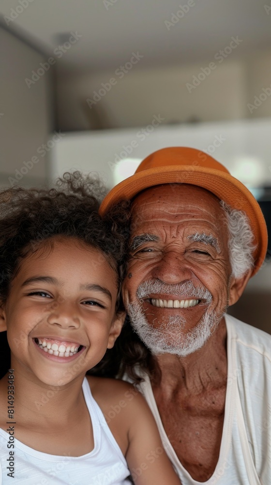A joyful moment captured between a young girl with curly hair and an elderly man with a white beard both smiling and embracing set against a blurred indoor background. A joyful moment captured between a young girl with curly hair and an elderly man with a white beard both smiling and embracing set against a blurred indoor background.