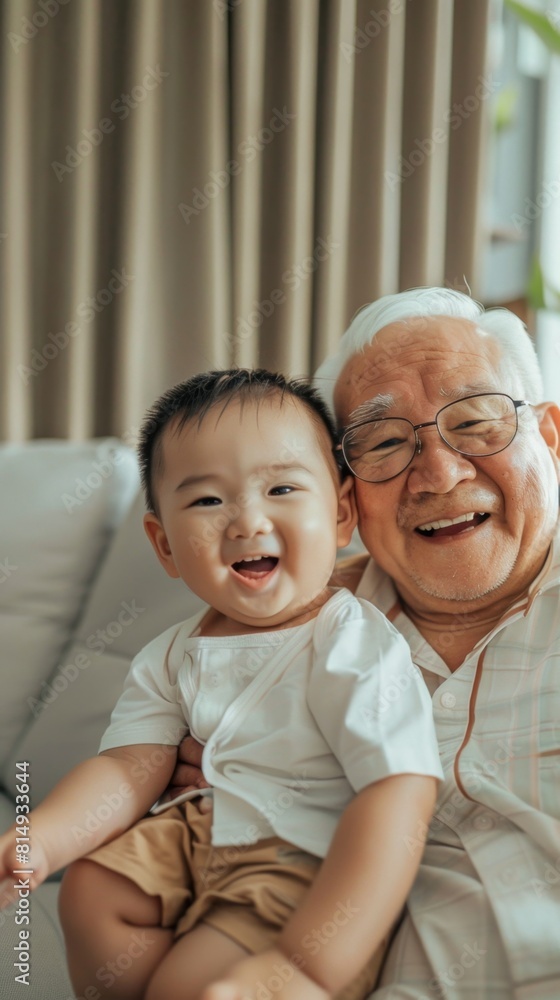 A joyful moment captured between a smiling elderly man and a young child both sharing a warm embrace on a comfortable couch creating a heartwarming scene of intergenerational love and connection. A joyful moment captured between a smiling elderly man and a young child both sharing a warm embrace on a comfortable couch creating a heartwarming scene of intergenerational love and connection.