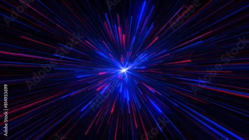 Travel through space and time. Flying through blue and red neon rays in the space. Futuristic flying lines. Hyperjump in the Universe, Hyperspace exploration.