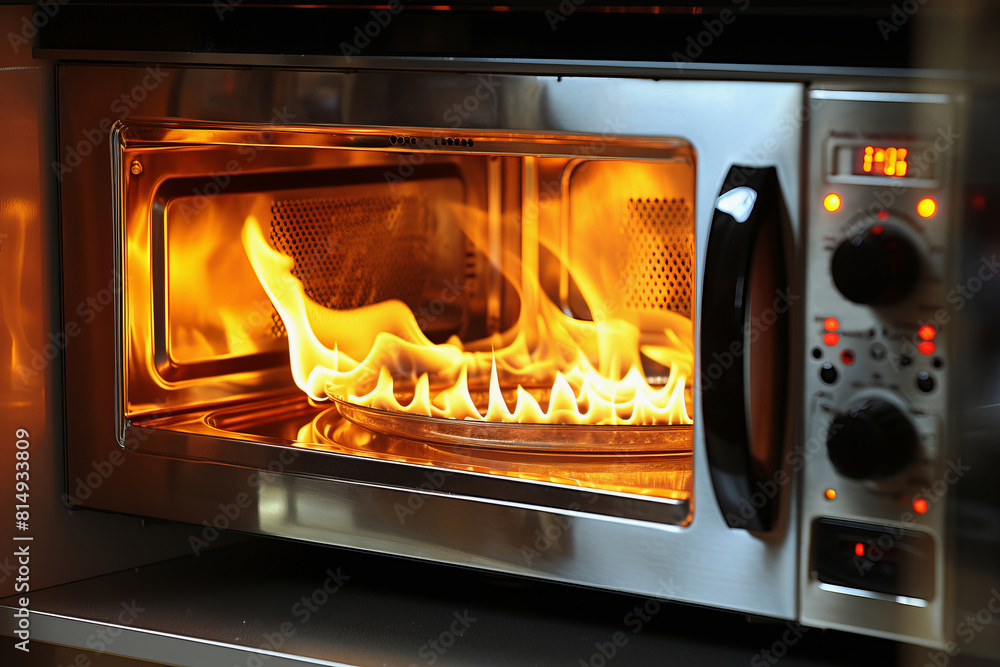 An overheated microwave in a kitchen with flames and smoke behind it. An overheated microwave in a kitchen with flames and smoke behind it.