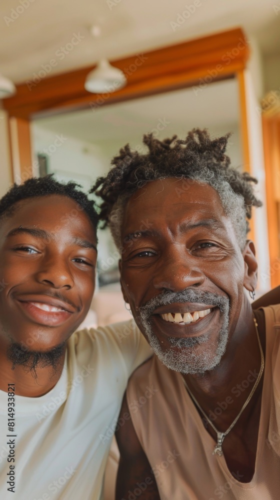 A joyful moment captured between a son and an older man both sharing a warm embrace and radiant smiles reflecting a bond of love and affection. A joyful moment captured between a son and an older man both sharing a warm embrace and radiant smiles reflecting a bond of love and affection.