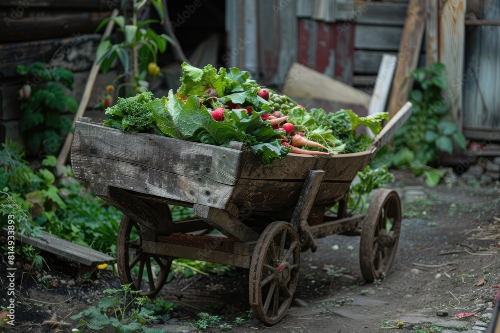 A Wooden Wheelbarrow Overflowing with Rustic Charm, Embracing the Vintage