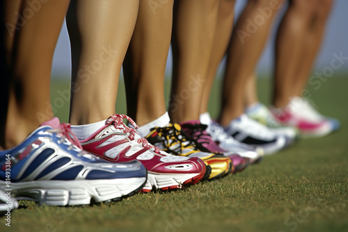 Professionally equipped athletes in sneakers prepare to begin the athletics sports competition