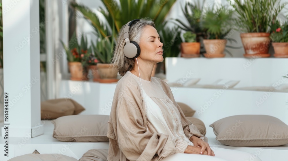 Woman in beige jacket and white pants sitting cross-legged with eyes closed wearing gray headphones in a serene indoor setting with potted plants and beige cushions. Woman in beige jacket and white pants sitting cross-legged with eyes closed wearing gray headphones in a serene indoor setting with potted plants and beige cushions.