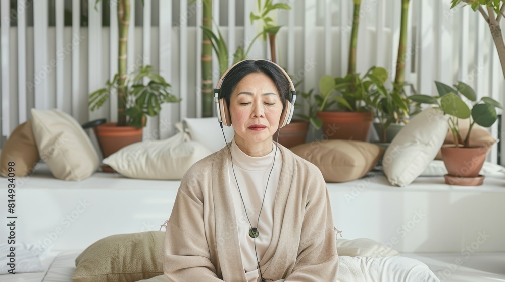 Woman meditating with eyes closed wearing headphones surrounded by potted plants and pillows in a serene modern setting. Woman meditating with eyes closed wearing headphones surrounded by potted plants and pillows in a serene modern setting.