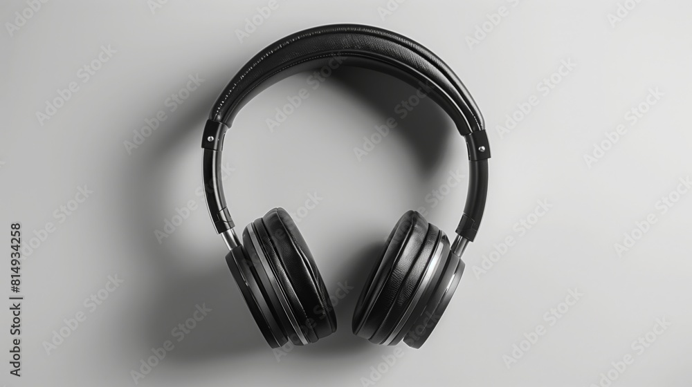 Wireless black headphones placed on a plain gray surface, showcasing simplicity and minimalism Wireless black headphones placed on a plain gray surface, showcasing simplicity and minimalism