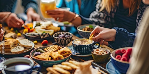 Closeup of people enjoying various snacks near a table during a coffee break