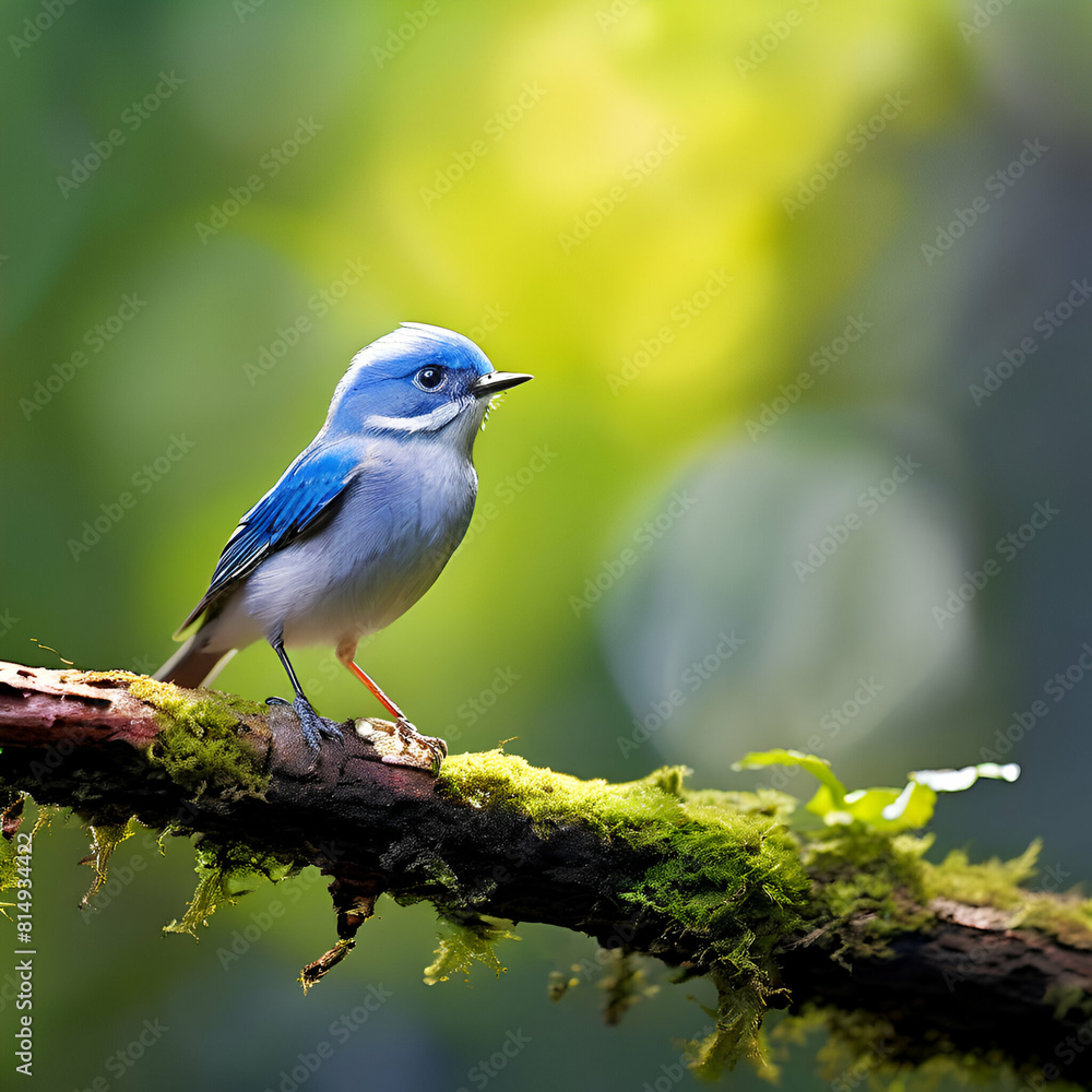 Obraz premium ultramarine flycatcher superciliaris ficedula cute blue bird perching on top mossy stick over far,generate ai