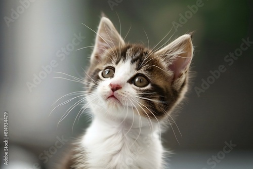Cute little kitten on blurred background, close-up portrait © Quan