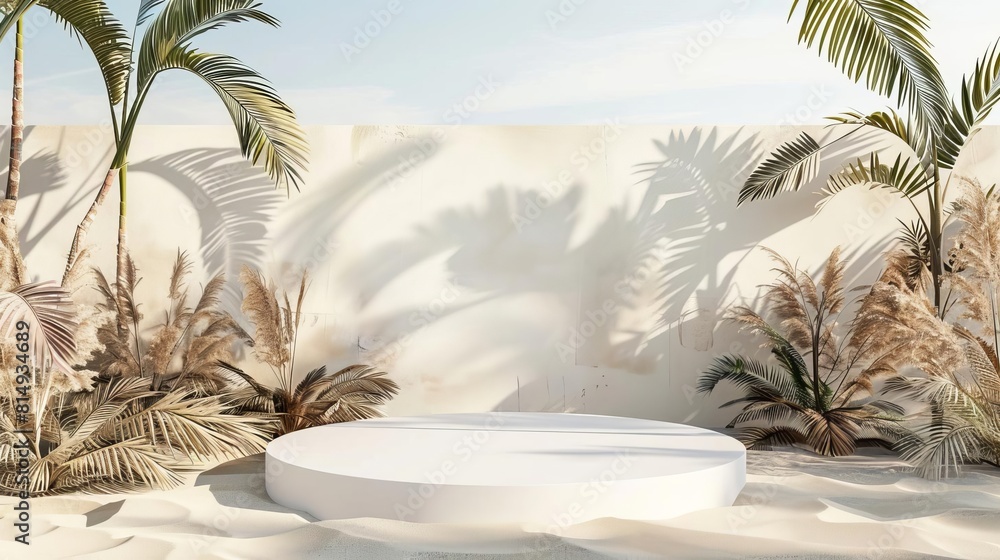 Serene beach with a minimalist white podium against a backdrop of dry tropical foliage, suitable for showcasing lightweight summer fabrics Serene beach with a minimalist white podium against a backdrop of dry tropical foliage, suitable for showcasing lightweight summer fabrics