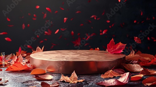 Scattered autumn leaves around a coppercolored podium, ideal for a warm, inviting presentation of autumn crafts photo