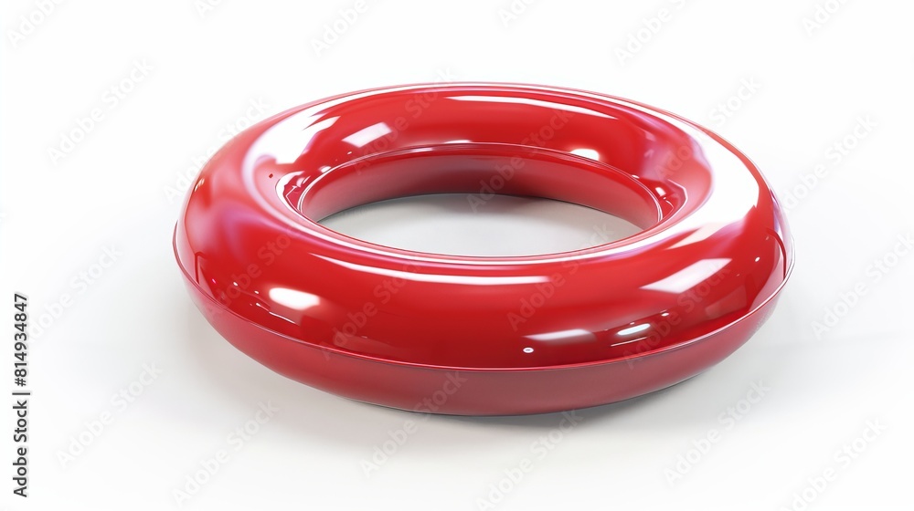 An empty red pool ring stands alone against a white backdrop. An empty red pool ring stands alone against a white backdrop.