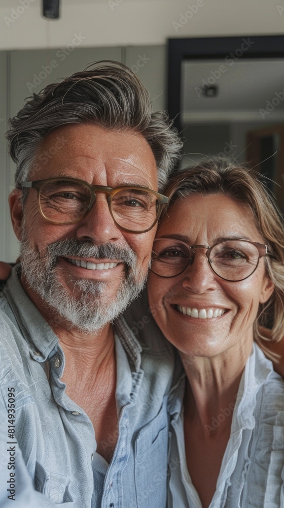 A happy couple both wearing glasses smiling and hugging each other capturing a moment of love and joy. A happy couple both wearing glasses smiling and hugging each other capturing a moment of love and joy.