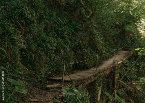 Old wooden bridge in the mountainous southern part of Russia